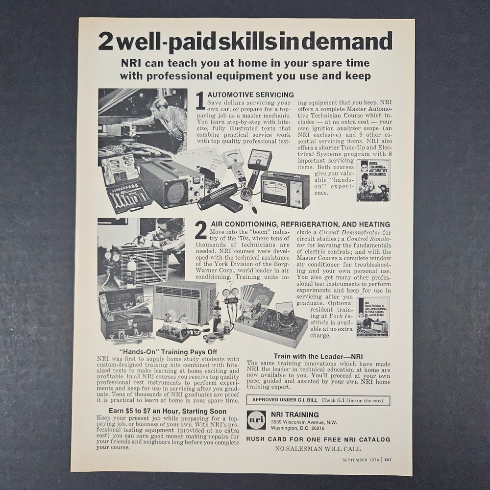 1974 NRI Training Automotive Servicing Air‎ Refrigeration Heat Vintage Print Ad